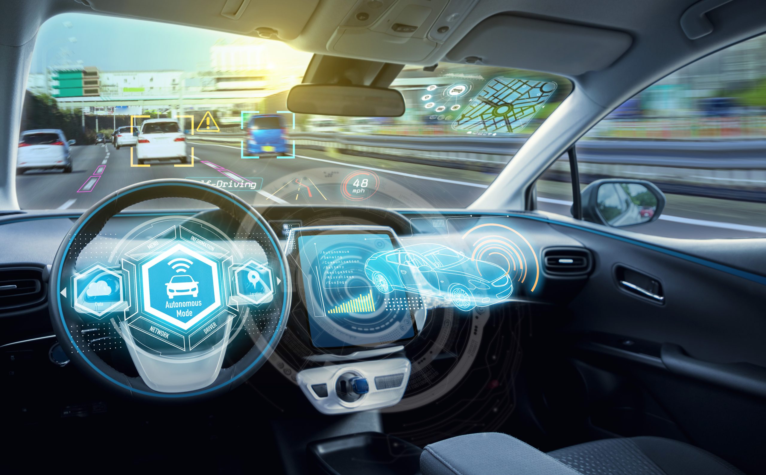 Empty cockpit of autonomous car, HUD(Head Up Display) and digita