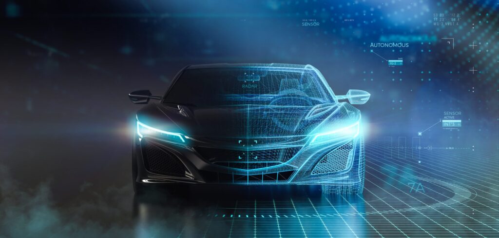 Futuristic sports car wireframe intersection with custom LED ligths