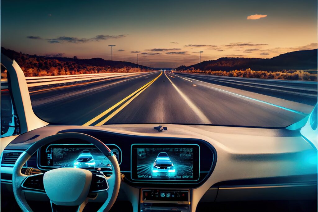 A car driving on the road, with a focus on the advanced technology used for autonomous driving