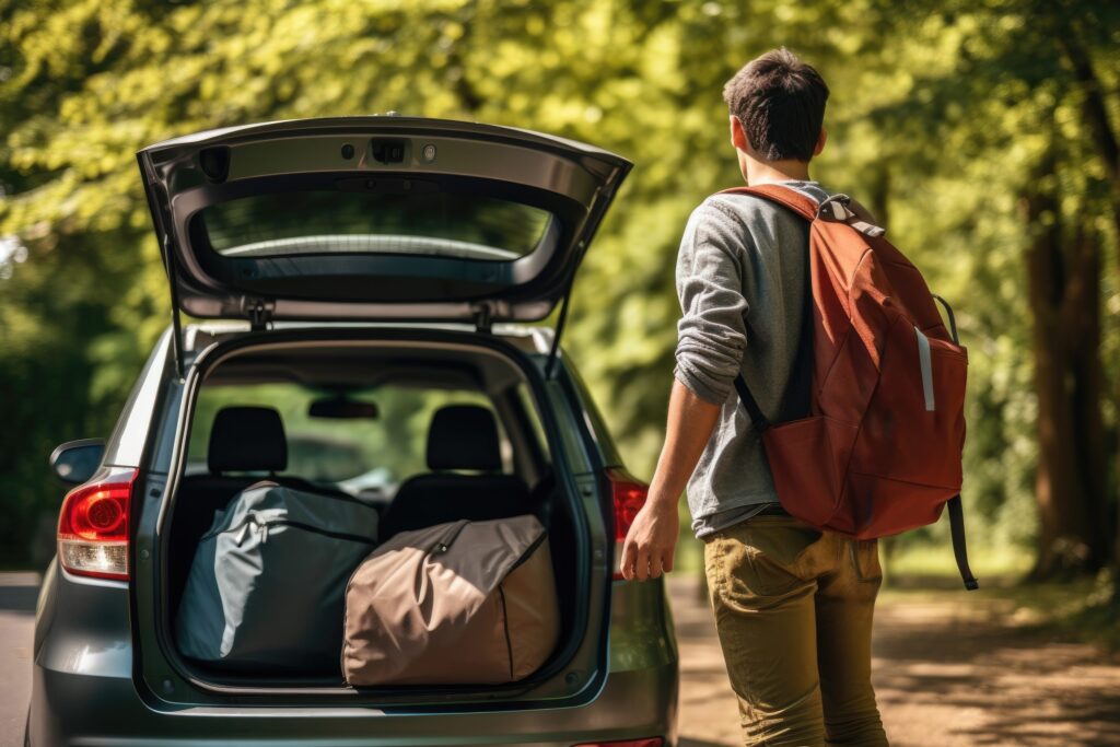 College, university student moving at dorm, new home, relocation. Back to school car with many luggage, bags
