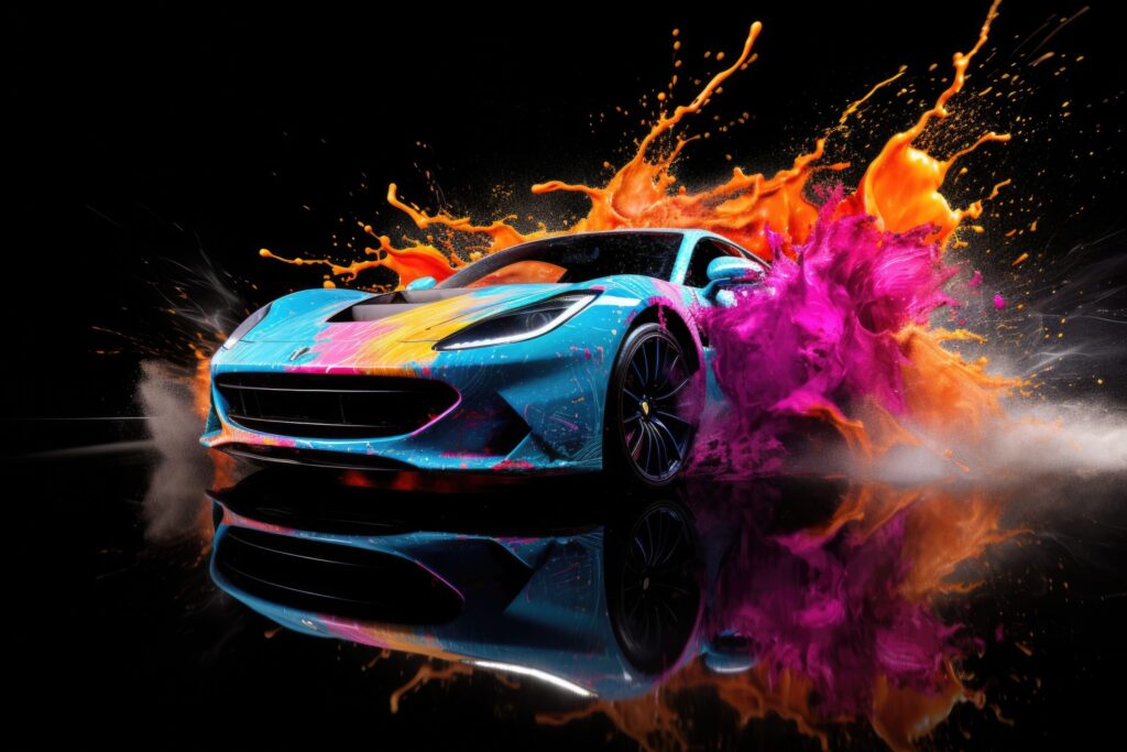 A vibrant blue sports car with a stunning and eye-catching paint job