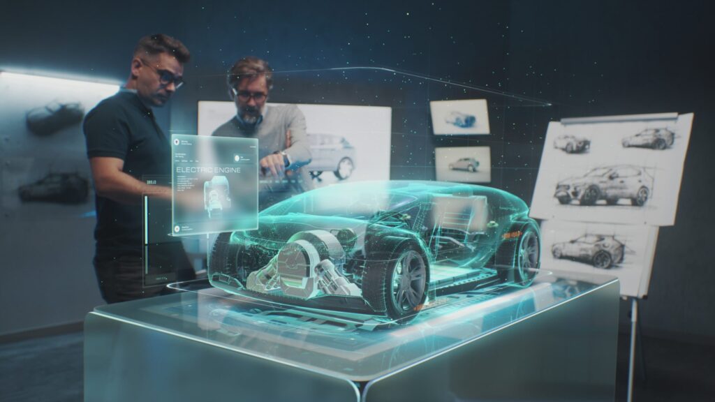 Two professional automotive engineers choose body of new eco-friendly electric car using futuristic augmented reality hologram